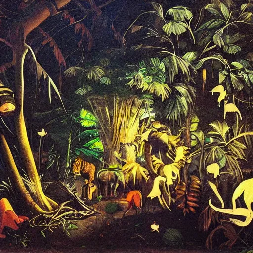 Prompt: moonlit jungle village, oil painting by caravaggio