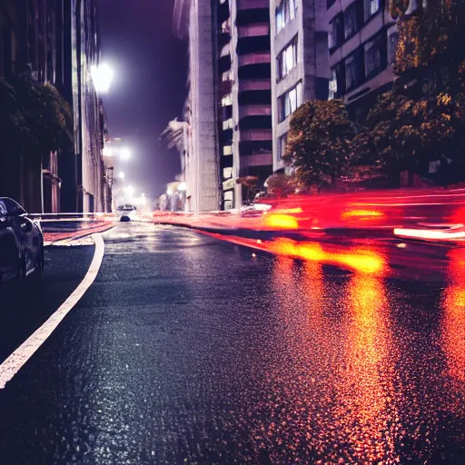 Image similar to a city street at night, raining, photograph, cars on the road,