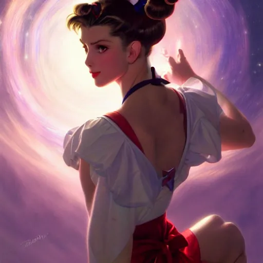 Image similar to Masterpiece Portrait of Sailor Moon, dark fantasy, medium shot, intricate, elegant, highly detailed, digital painting, volumetric light, artstation, concept art, smooth, sharp focus, illustration, art by Gil Elvgren and Greg Rutkowski and Alphonse Mucha