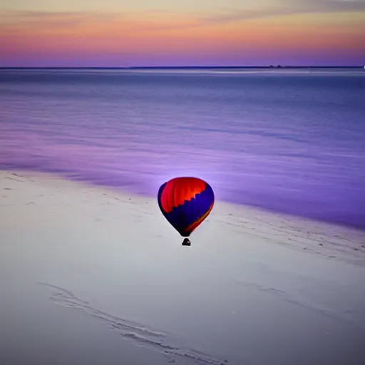 Prompt: a hot air balloon floats over a beach at violet sunset