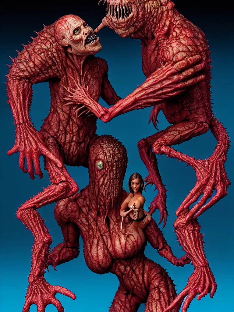 Image similar to hyperrealistic rendering, fat smooth john carpenter flesh monster jessica alba by bernie wrightson and killian eng and joe fenton, product photography, action figure, sofubi, studio lighting, colored gels, colored background