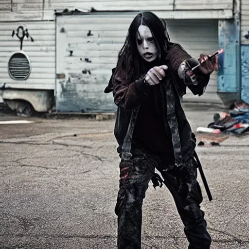Image similar to Adult Billie Eilish as a zombie slayer, apocalypse, indie movie, movie still