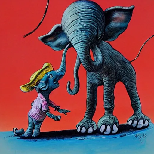 Prompt: a detailed painting titled dumbo and his mom by gerald scarfe and ralph steadman