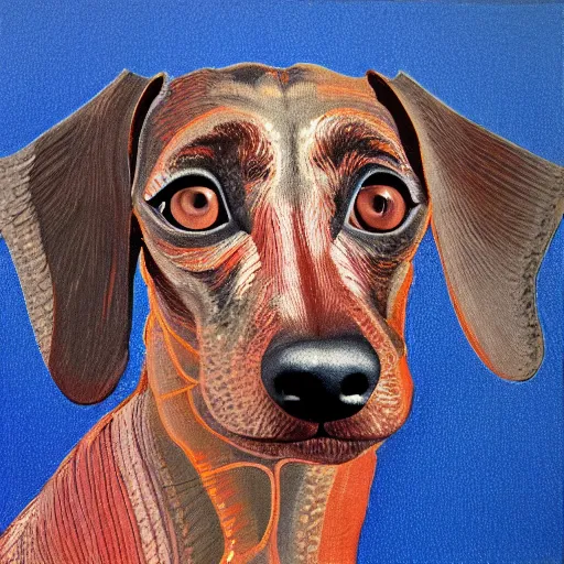 Image similar to brindle dachshund profile picture by Mandelbrot, Benoit B., asymmetrical, Organic Painting, Matte Painting, geometric shapes, hard edges, street art, symmetric face, symmetric eyes