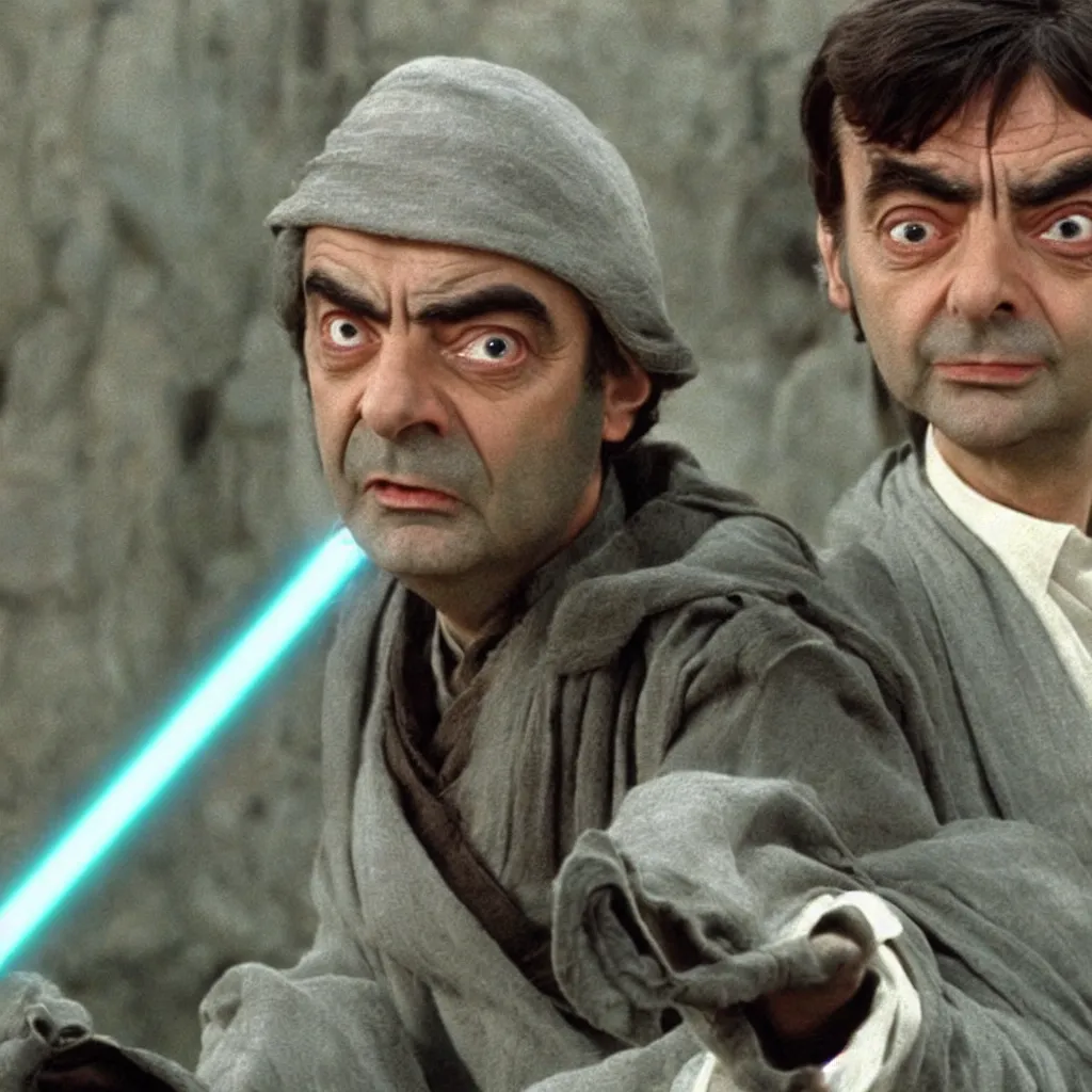 Image similar to Still of Mr. Bean as jedi master Obiwan kenobi!!!!. in Star Wars (1977). detailed eyes. medium shot, technicolor. light saber