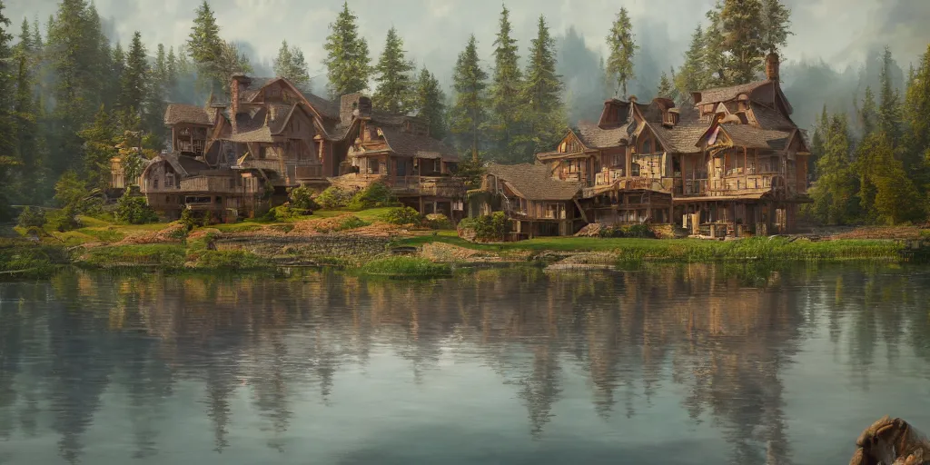 Prompt: an oil painting of a lakehouse, masterpiece, highly detailed, high quality, 4 k, anatomically correct, hyperrealistic, concept art, octane render, unreal engine 5, trending on artstation, trending on deviantart, matte, historical painting, fantasy style, path traced, high coherence, soft lighting, digital painting, mythical