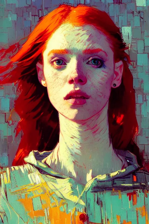 Image similar to portrait of a beautiful redhead girl, complementary colors, beautiful face, rule of thirds, intricate outfit, spotlight, by greg rutkowski, by jeremy mann, by francoise nielly, by van gogh, digital painting