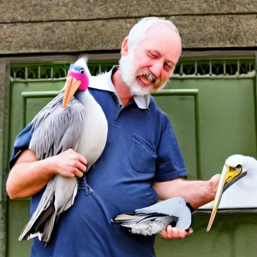 Image similar to man with a pelican and a pigeon for pets