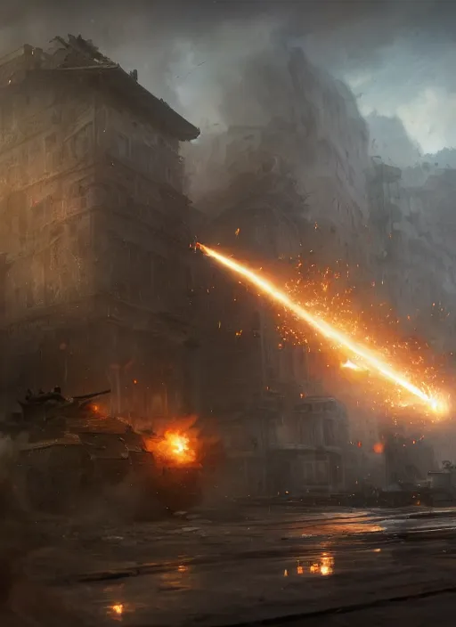 Prompt: A Tank firing his gun to a building causing it to collapse and explode, Battlefield 1, extremely detailed digital painting, in the style of Fenghua Zhong and Ruan Jia and jeremy lipking and Peter Mohrbacher, mystical colors, rim light, beautiful Lighting, 8k, stunning scene, raytracing, octane, trending on artstation