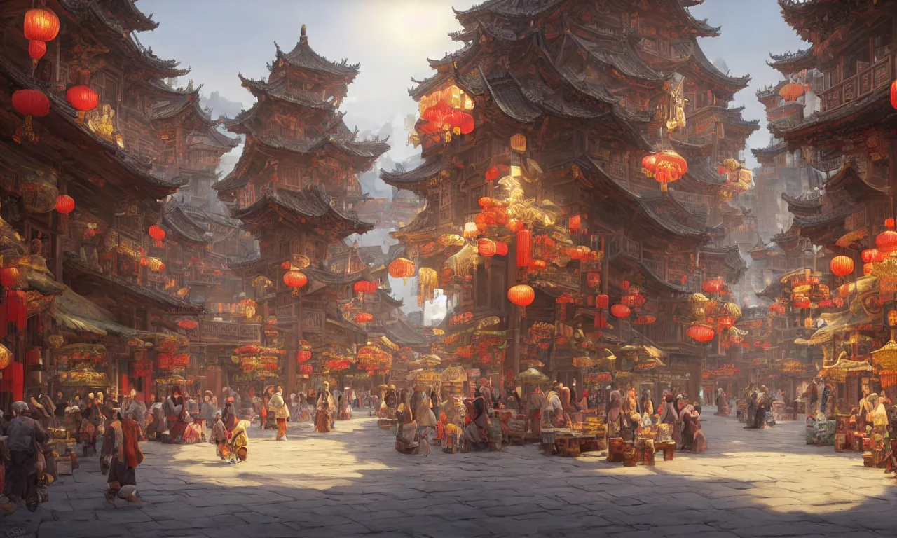 Image similar to an original game concept scene painting of an opulent marketplace street scene in chinese style ， super wide angle, magnificent and gorgeous atmosphere ， matte painting ， rtx on ， by moebius, neil blevins and jordan grimmer ， trending on cgsociety and artstation, unreal engine ， volumetric light ， surreal