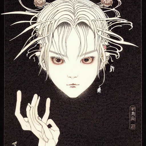 Image similar to prompt: Fragile looking soft light portrait face drawn by Takato Yamamoto and Katsuhiro Otomo, inspired by Ghost in Shell anime, magical and alchemical objects on the side, soft light, monochrome background, intricate detail, intricate ink painting detail, sharp high detail, manga and anime 2000