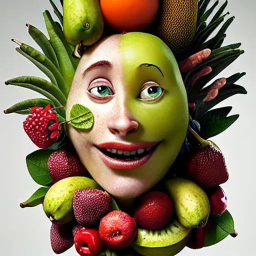 Image similar to fruit dryad by arcimboldo, fruit megan fox editorial by malczewski and arcimboldo, vegetables dryad sculpture by arcimboldo, stil frame from'cloudy with a chance of meatballs 2'( 2 0 1 3 ) of banana dryad, fruit hybrid megan fox editorial by alexander mcqueen and arcimboldo