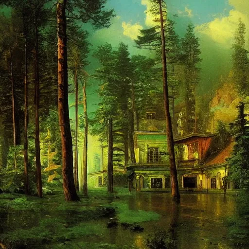 Image similar to masterpiece oil painting of a fantasy hotel in a beautiful forest by ivan shishkin and aivazovsky, highly detailed