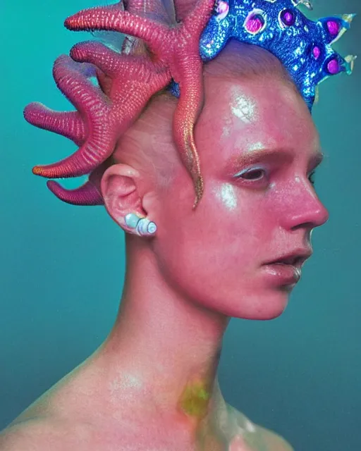 Image similar to natural light, soft focus portrait of a cyberpunk anthropomorphic starfish with soft synthetic pink skin, blue bioluminescent plastics, smooth shiny metal, elaborate ornate head piece, piercings, skin textures, by annie leibovitz, paul lehr