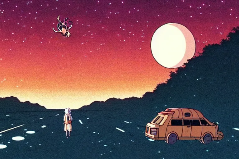Prompt: a still from a studio ghibli film of a ufo beaming up a deer from princess mononoke ( 2 0 0 4 ) at night on a desert road, full body, wide shot, very muted colors, post grunge, studio ghibli, laurie greasley, highly detailed, deviantart, art by artgem