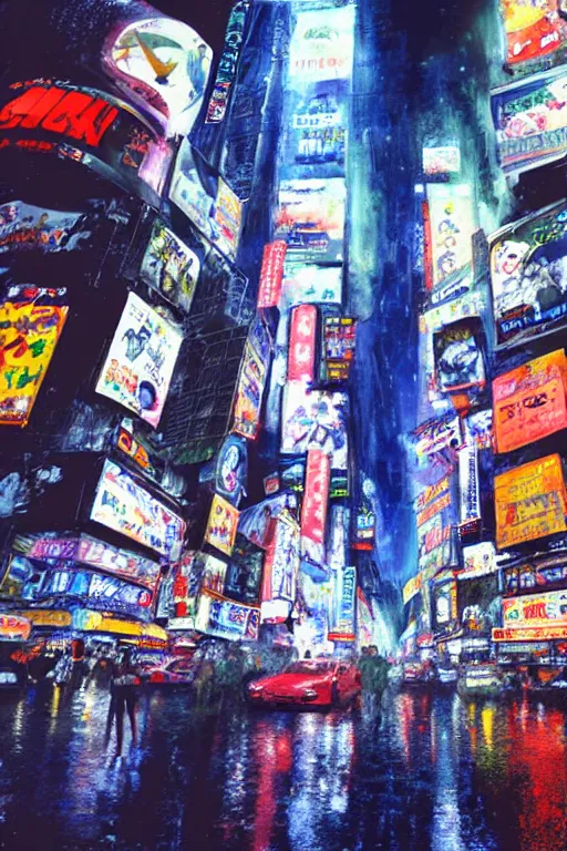 Image similar to neo tokyo time square in a rainy night, landscape, alex ross, neal Adams, david finch, concept art, matte painting, highly detailed, rule of thirds, dynamic lighting, cinematic, detailed, denoised, centerd