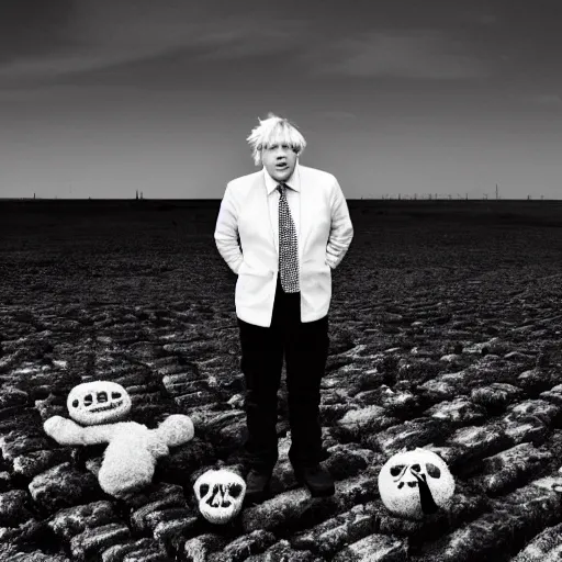 Image similar to Boris Johnson in a desolate wasteland surrounded by horryfying shadow monsters, black and white photo