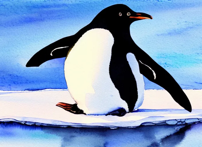 Prompt: a penguin sliding on the ice floe, watercolor, highly detailed, sunset light