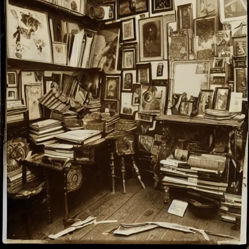 Prompt: old photographs of chaotic interiors full of paintings and books