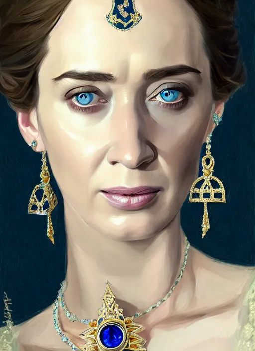 Image similar to portrait of emily blunt as queen, jewelry, greek, sapphire, victorian age, 1 8 9 0, intricate, headshot, key visual, conceptart, ambient lighting, highly detailed, digital painting, artstation, concept art, sharp focus, by makoto shinkai and akihiko yoshida and greg manchess