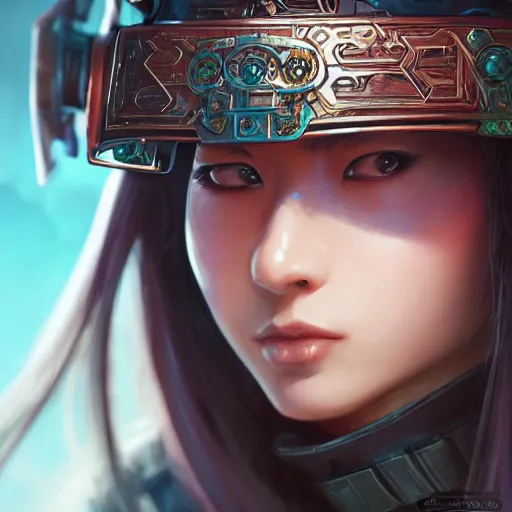 Image similar to closeup of a young cyberpunk samurai lady wearing a visor D&D, fantasy, intricate, elegant, highly detailed, digital painting, artstation, concept art, matte, sharp focus, illustration, hearthstone, art by Artgerm and Greg Rutkowski and Alphonse Mucha