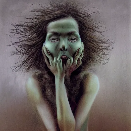 Image similar to dramatic portrait painting of woman with black mandelbrot fractal instead of face, in style of zdzisław beksinski, horror, body horror, dark, disturbing,