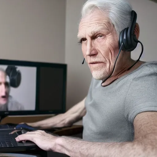 Image similar to A colored colorized real screenshot of Jerma985 as an elderly guy streaming on his computer while wearing headphones, taken in the early 2020s, taken on a 2010s Camera, realistic, hyperrealistic, very realistic, very very realistic, highly detailed, very detailed, extremely detailed, detailed, digital art, trending on artstation, headshot and bodyshot, detailed face, very detailed face, very detailed face, real, real world, in real life, realism, HD Quality, 8k resolution, intricate details, colorized photograph, colorized photon, body and headshot, body and head in view