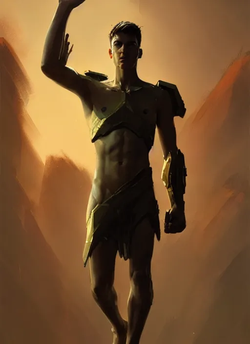 Prompt: young male, halo, raising his arm, greg rutkowski