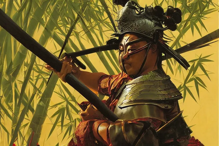 Image similar to close up of samurai in full armor, in a mysterious and bamboo forest, golden hour, by huang guangjian and gil elvgren, sachin teng, greg manchess