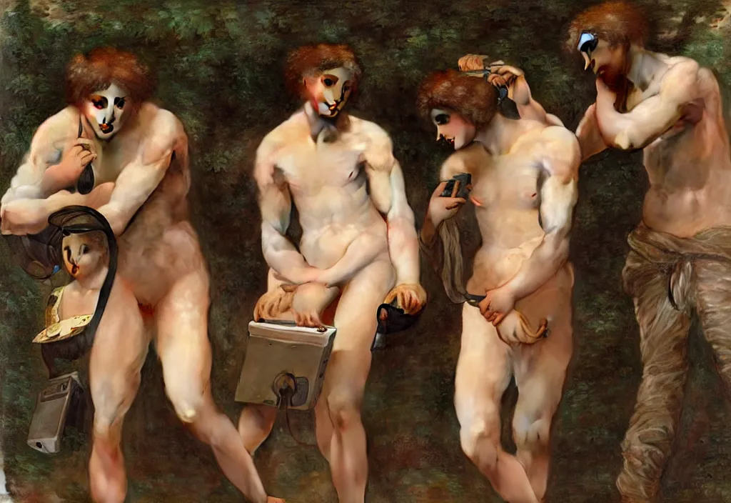 Image similar to pre-Raphaelite male muscular athletic gamers wearing headsets and playing video-games on laptops playstation5 x-box and PC by Bouguereau