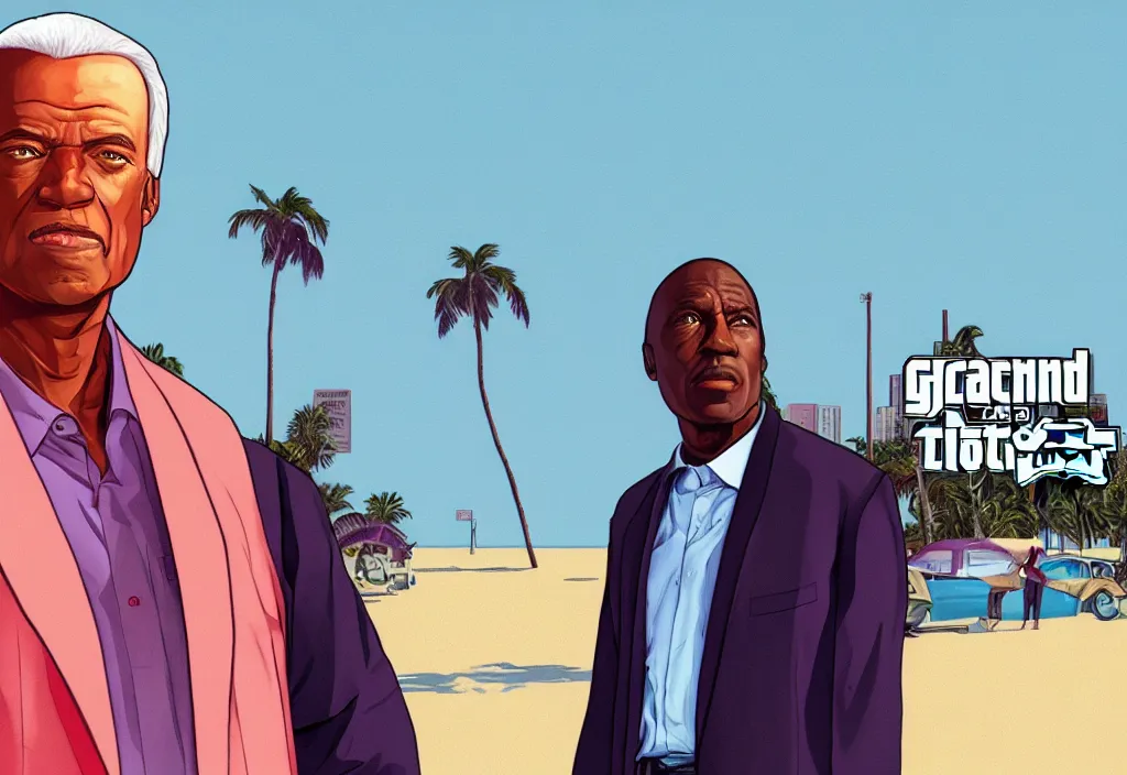 Prompt: robert cardinal sarah in grand theft auto loading screen, gta art style, illustration, beach, miami, vice city