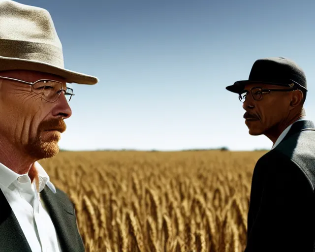 Image similar to extreme long shot of walter white wearing a black hat facing gustavo fring from a distance in a wheat field, insanely detailed, low angle, side view, perfect angle, 8 5 mm photograph, 8 k resolution, wide shot, sharp lens, cinematic