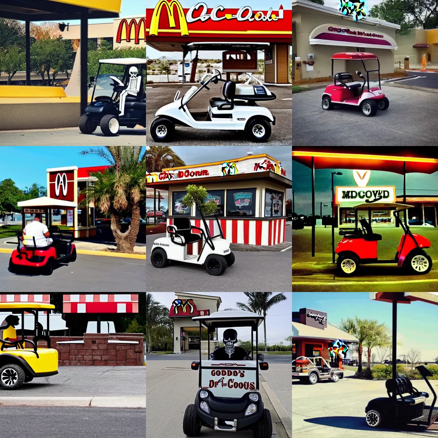 Prompt: beautiful photograph of a skeleton driving a golf - cart into a mcdonald's drive - through