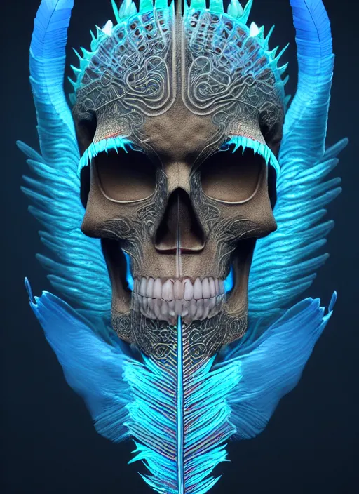 Image similar to 3 d shaman with tattoos profile portrait, sigma 5 0 0 mm f / 5. beautiful intricate highly detailed quetzalcoatl skull and feathers. bioluminescent, plasma, frost, water, wind, creature, gradient background, thunderstorm! artwork by tooth wu and wlop and beeple and greg rutkowski, 8 k trending on artstation,