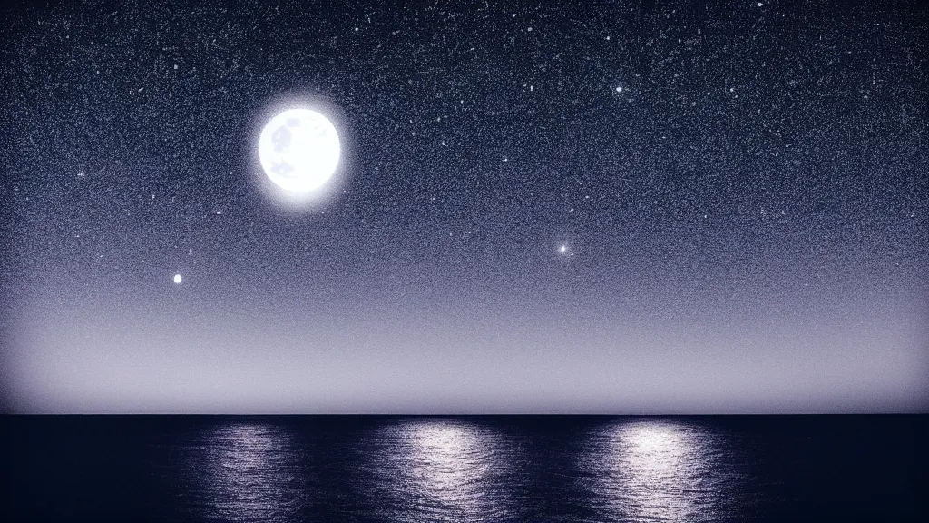 Image similar to a distant ferry sailing through a deep black ocean made of stars. Ethereal lighting. Nighttime setting with the moon reflecting off the water