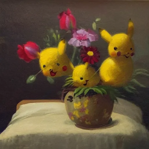 Prompt: Flowers on a bed, oil painting, 1700s, dark background, hidden pikachu