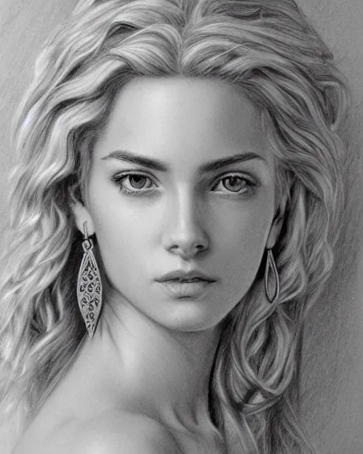 Image similar to pencil drawing of a beautiful greek goddess aphrodite with arrowhead earrings, beautiful piercing eyes, beautiful blonde hair, hyper realistic face, in the style of greg rutkowski, fantasy, amazing detail, epic, elegant, smooth, sharp focus, from the front