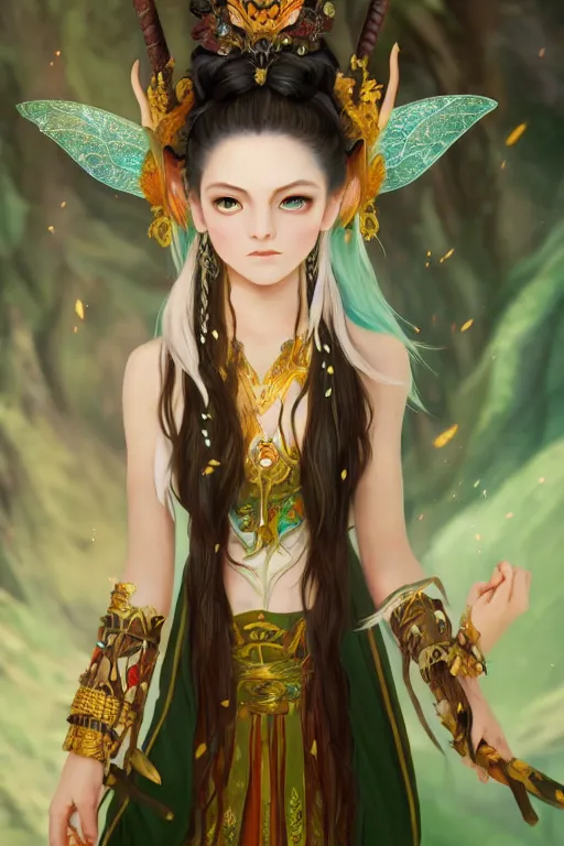 Prompt: the beautiful forest fairy has brown skin, white hair, antelope horns on her head, green eyes and the third eye on her forehead. she wears dunhuang clothes. she has black and gold wings behind her and holds a brown scepter in her hand. character design, animation image design, painting by wlop