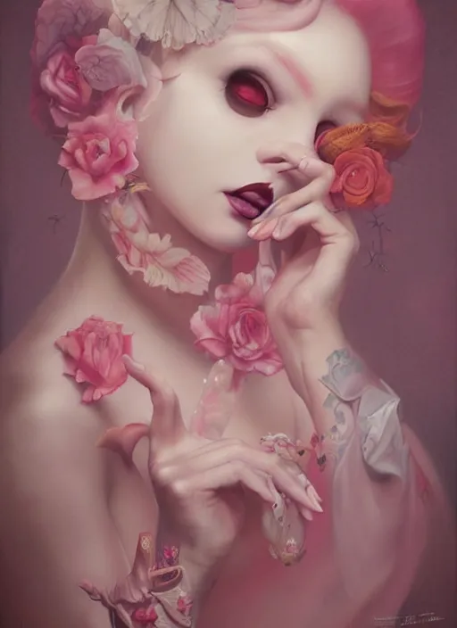 Image similar to pop surrealism, lowbrow art, realistic seductive woman painting, pink body harness, hyper realism, muted colours, rococo, natalie shau, loreta lux, tom bagshaw, mark ryden, trevor brown style,