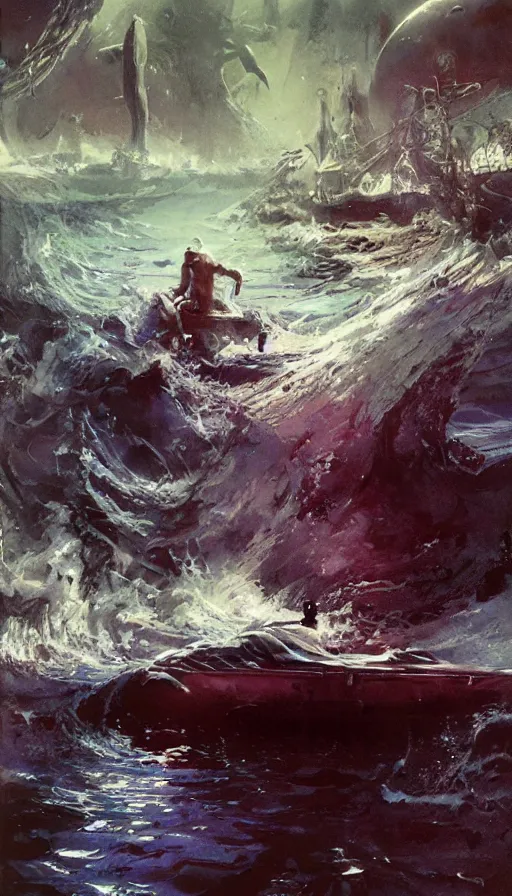 Image similar to man on boat crossing a body of water in hell with creatures in the water, sea of souls, by john berkey