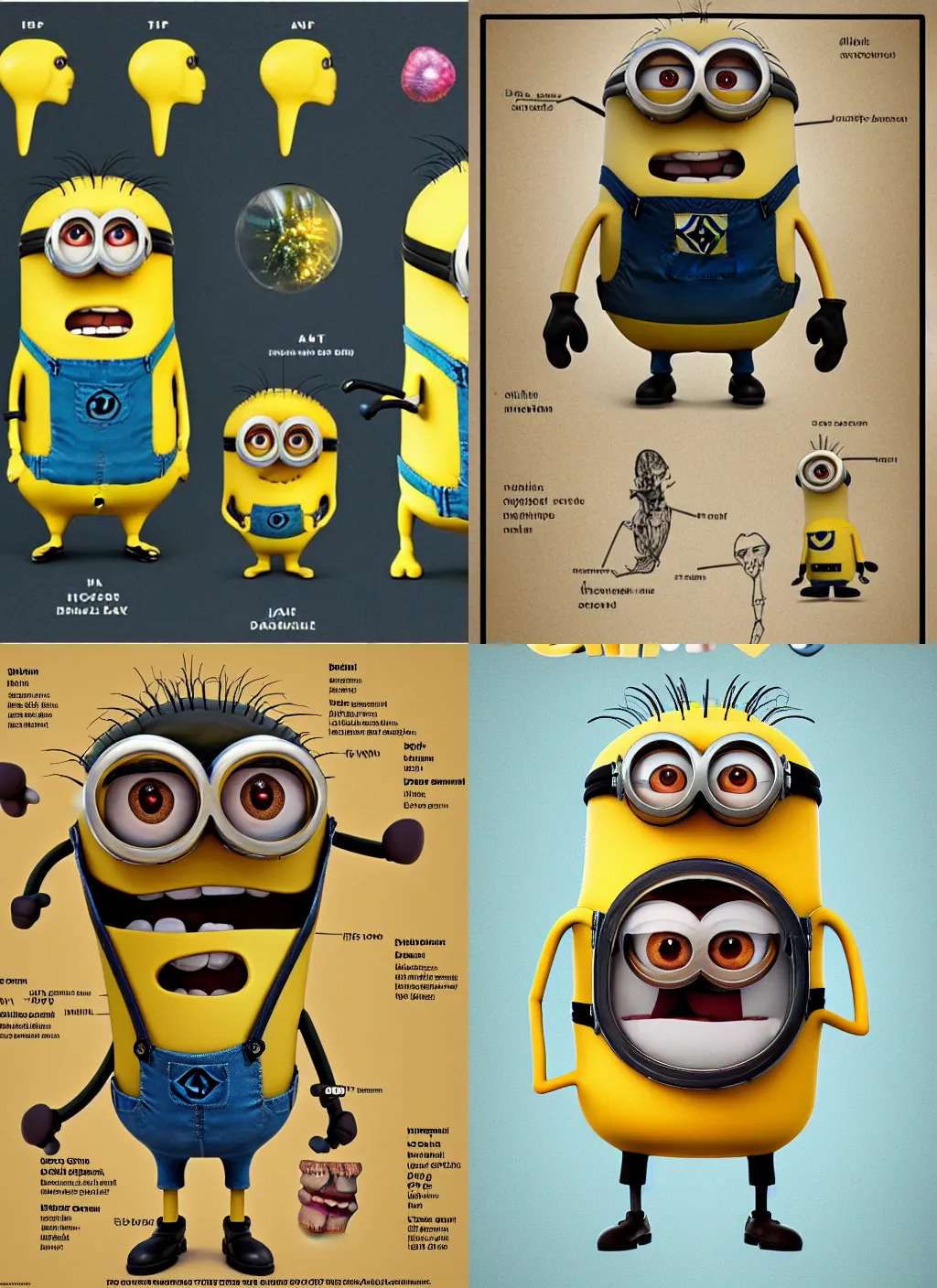 Prompt: scan of a labelled diagram of the anatomy of a minion from despicable me, high quality