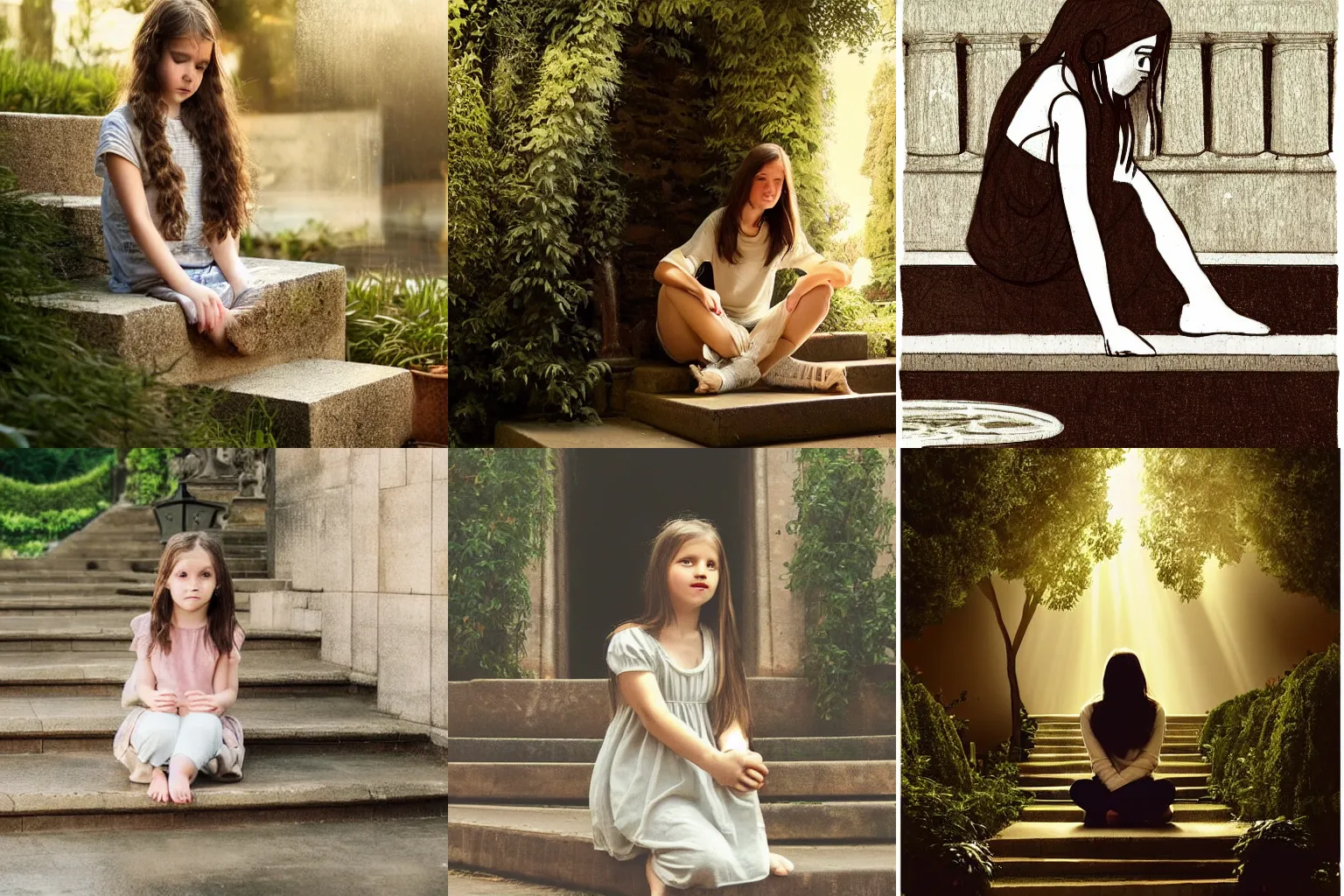 Prompt: girl sitting on a set of stairs with light coming in from above and she has her hands on her knees and her head is down and she has long brown hair, the background is a garden with trees and grass and there is a fountain, wallpaper, pinterest, Louvre Museum, traditional art, dark, spooky