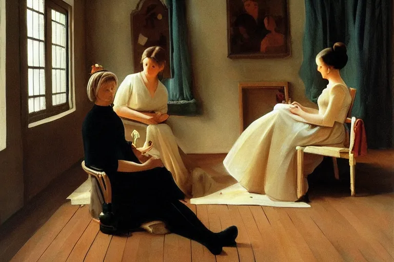 Prompt: beautiful painting of friends, beautiful faces, sitting on the edge, cute, soft light, digital painting by diane arbus and ralph mcquarrie and pieter de hooch