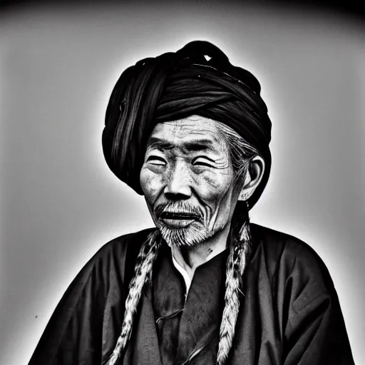 Image similar to black and white old photo of a hippie Chinese man, portrait, high detail, earrings, tattoos