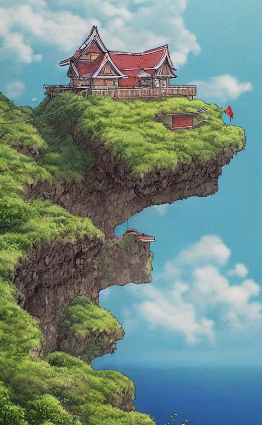 Prompt: amazing detailed photorealistic painting of a house hanging off a cliff edge. japan. studio ghibli. hd. hq