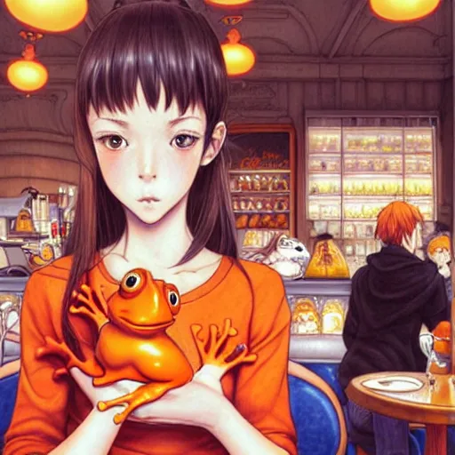 Prompt: a French girl in a café with a giant orange frog. insanely and epically detailed supreme-quality color ink pen artwork, amazingly composed image, illustrated by Range Murata and Artgerm.