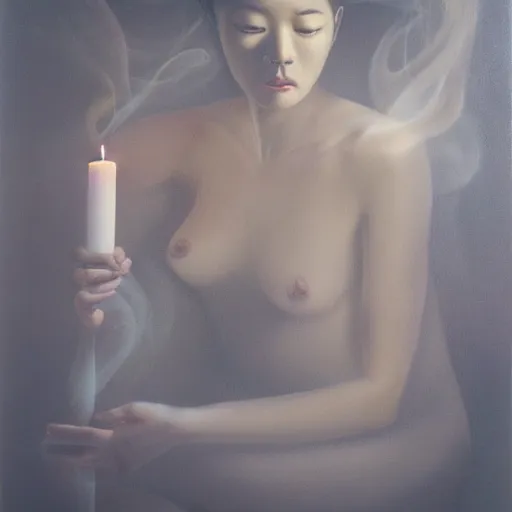 Image similar to oil painting, ying yong, spirit out of smoke big candle, deep photo, high resolution, art contemporary