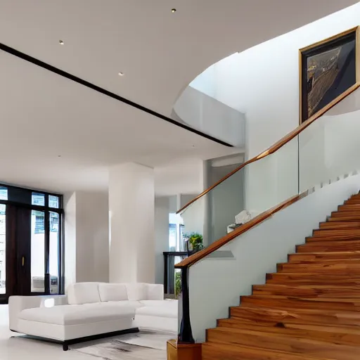 Prompt: A modern style living room with floor to ceiling glass windows on the left and curved wooden stairs going upstairs on the right, two white sofas with a white marble table in the center, stairs to the second floor, 8k resolution, professional interior design photograph, wide angle photograph