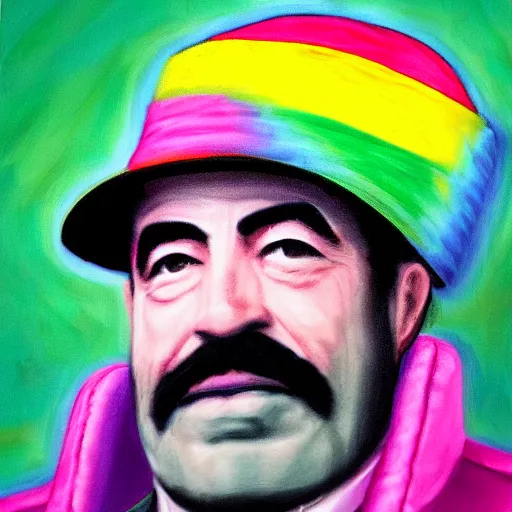 Image similar to rainbow portrait of saddam hussein wearing a pink puffy jacket and a black bucket hat, 8 k, very detailed, very intricate,