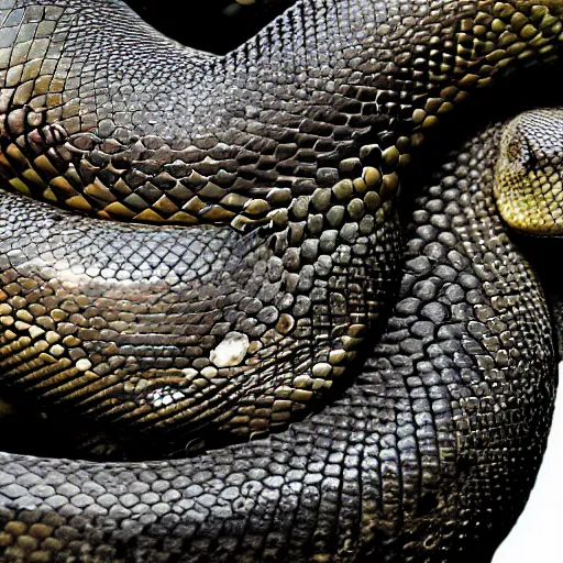 Prompt: big snake, anaconda movie, anaconda, amber eyes, black scales, far shot